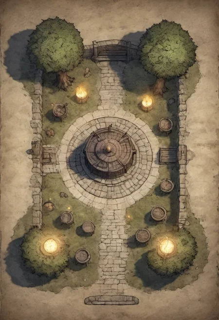 top down view of an rpg battlemap around a well and benches expert cartography D&D fantasy horror creature magical glowing light dust and lights cobbles massive 