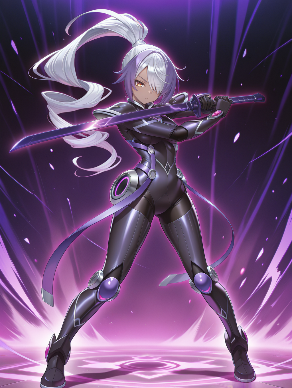 sky striker ace - azalea,1girl,solo,full body,looking at viewer,standing,fighting stance,holding purple katana,purple katana,high ponytail,black battle bodysuit,purple neon trim,purple background,two-tone hair,dark-skinned female,
masterpiece,best quality,amazing quality,very aesthetic,absurdres,newest,<lora:sky striker ace - camellia and azalea illusXL v2:0.7>,
