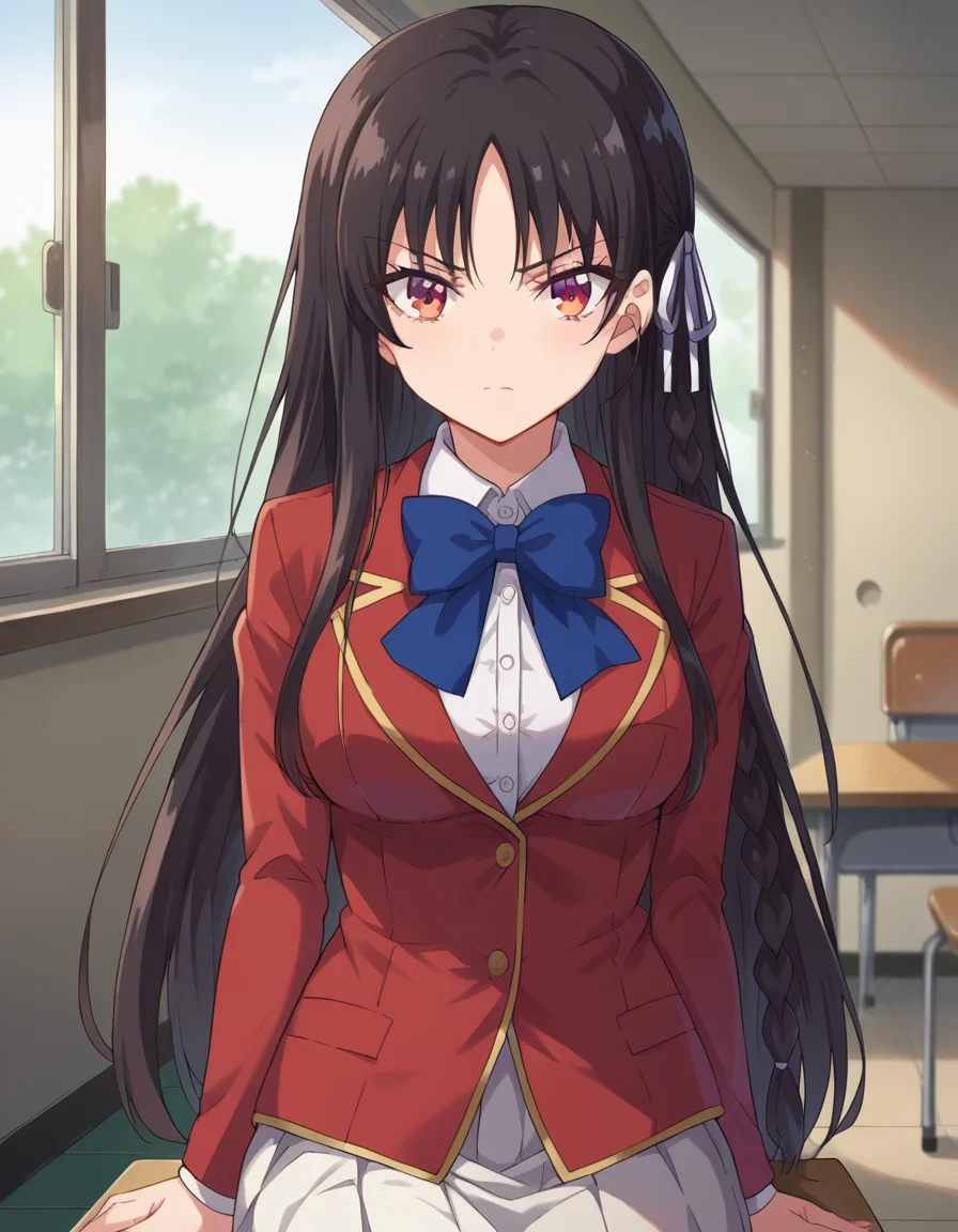 score_9, score_8_up, score_7_up, source_anime,
suzunehorikita, <lora:suzune-horikita-ponyxl-lora-nochekaiser:1>,
suzune horikita, long hair, black hair, red eyes, hair ribbon, braid,
bow, school uniform, jacket, bowtie, blue bowtie, blazer, red blazer, skirt, white skirt,
indoors, classroom, hallway, sitting, desk, chair,
looking at viewer, cowboy shot, dutch angle,