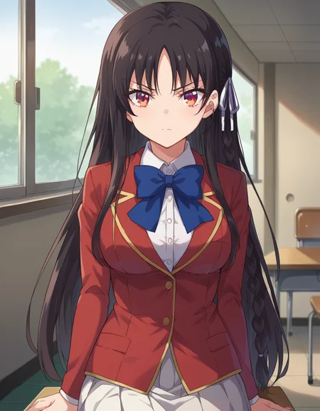 score_9, score_8_up, score_7_up, source_anime,
suzunehorikita, <lora:suzune-horikita-ponyxl-lora-nochekaiser:1>,
suzune horikita, long hair, black hair, red eyes, hair ribbon, braid,
bow, school uniform, jacket, bowtie, blue bowtie, blazer, red blazer, skirt, white skirt,
indoors, classroom, hallway, sitting, desk, chair,
looking at viewer, cowboy shot, dutch angle,