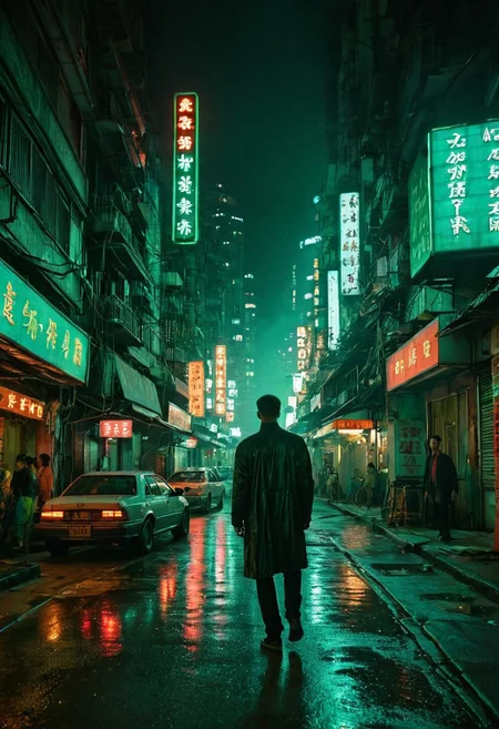 a city street ,wong kar wai style , surrerl style ,cyberpunk style