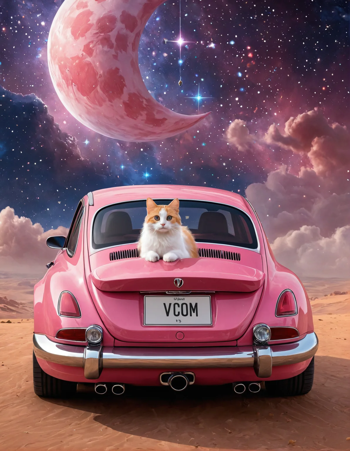 ethereal fantasy concept art of  <lora:Zoom_Cars:1>,Cornelisz Hendriksz Vroom,, a pink car with a cat in the trunk of it's trunk and a cat in the back [19], . magnificent, celestial, ethereal, painterly, epic, majestic, magical, fantasy art, cover art, dreamy