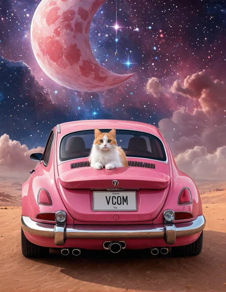 ethereal fantasy concept art of  <lora:Zoom_Cars:1>,Cornelisz Hendriksz Vroom,, a pink car with a cat in the trunk of it's trunk and a cat in the back [19], . magnificent, celestial, ethereal, painterly, epic, majestic, magical, fantasy art, cover art, dreamy
