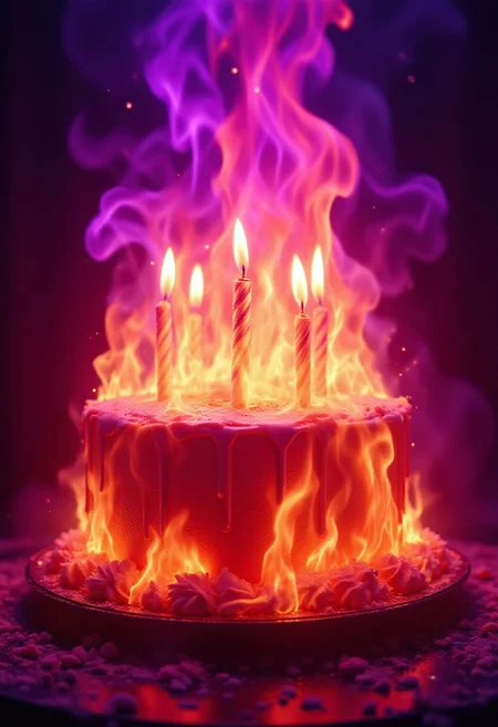 A birthday cake, completely engulfed in flames, inferno, blazing, concept art, masterpiece, perfect lighting, purple and pink flames, 8k, absurdres, massive fire - rendered in the highest quality