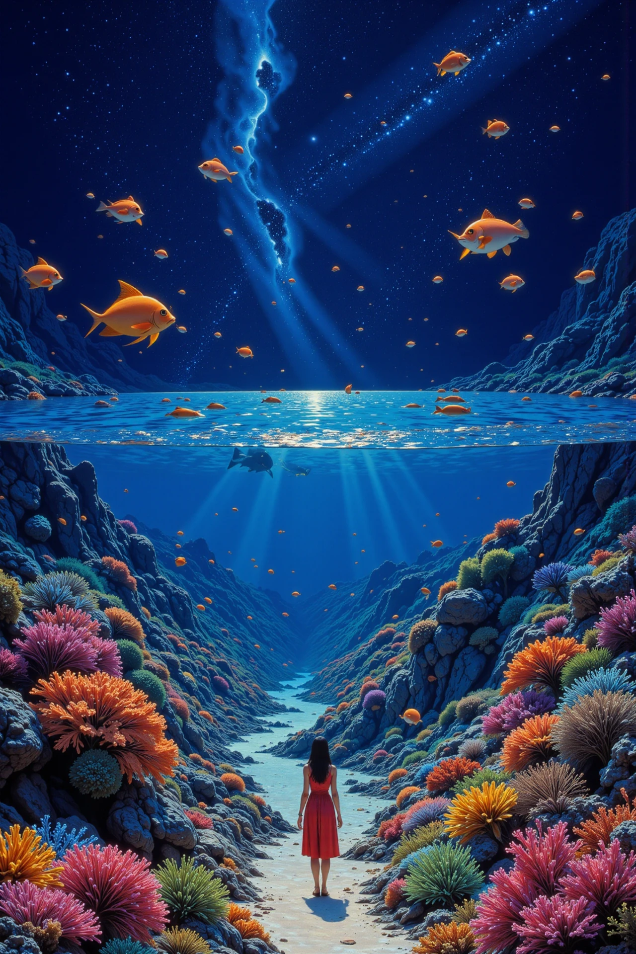 a school of fish next to a coral reef beautiful  landscape, bright luminous night, woman, very intricate, very detailed, sharp, bright, colorful, <lora:Hand v2:0.5> <lora:Anti-Blur:1><lora:Insane Detail Slider:0.25>  <lora:flux.1_lora_flyway_Epic-detail_v2:0.3> <lora:fluxenhancer:0.25> <lora:90s-anime:1> retro anime, 77oussam 90s, studio ghibli style, 1990s anime