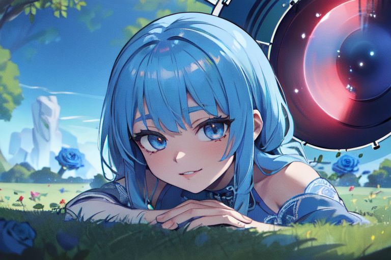 (masterpiece:1.4), 4K8K, (anime style), (high shutterspeed:1.4), (sharp edges), 
SyFyEye1, FanFo, 
1woman  hands togather,  leaning foward, face focus, smile, closed mouth, 
wearing Celtic style dress, (Detailed face, Detailed eyes, Detailed lips), (solo), 
blue hair, any colored roses, Fantastic, grass firld,