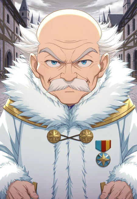 solo, masterpiece, detailed, ultra hd, best quality, 1boy, male, official art, w0lfc0nf, modern, new
FTMakarov, white hair, balding, mustache, old man, fur trim, coat, medal, looking at viewer, smiling, medieval city background