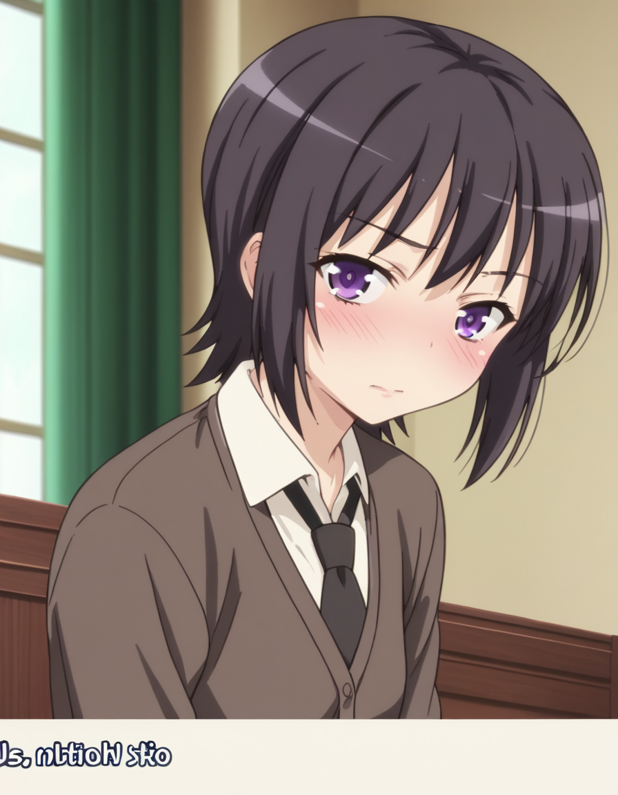 score_9, score_8_up, score_7_up, source_anime, <lora:yozora-mikazuki-s2-ponyxl-lora-nochekaiser:1>, yozora mikazuki, short hair, black hair, purple eyes,, shirt, school uniform, necktie, cardigan, black necktie, skirt, green skirt, pleated skirt,, indoors, bed, bed room, on side, blush, drunk, looking at viewer, solo,, cowboy shot, dutch angle