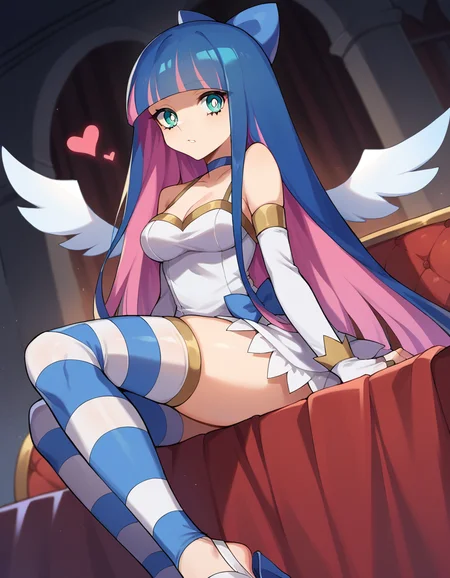 score_9, score_8_up, score_7_up, source_anime,
psgstocking, <lora:stocking-anarchy-ponyxl-lora-nochekaiser:1>,
psg stocking, blue eyes, blue hair, colored inner hair, hair bow, long hair, multicolored hair, pink hair, two-tone hair, bangs, blunt bangs,
angel wings, arm warmers, bare shoulders, choker, cleavage, detached sleeves, fingerless gloves, gloves, heart, high heels, sandals, striped, striped thighhighs, thighhighs, thighs, white gloves, wings,
indoors, sitting,
looking at viewer, cowboy shot, dutch angle,