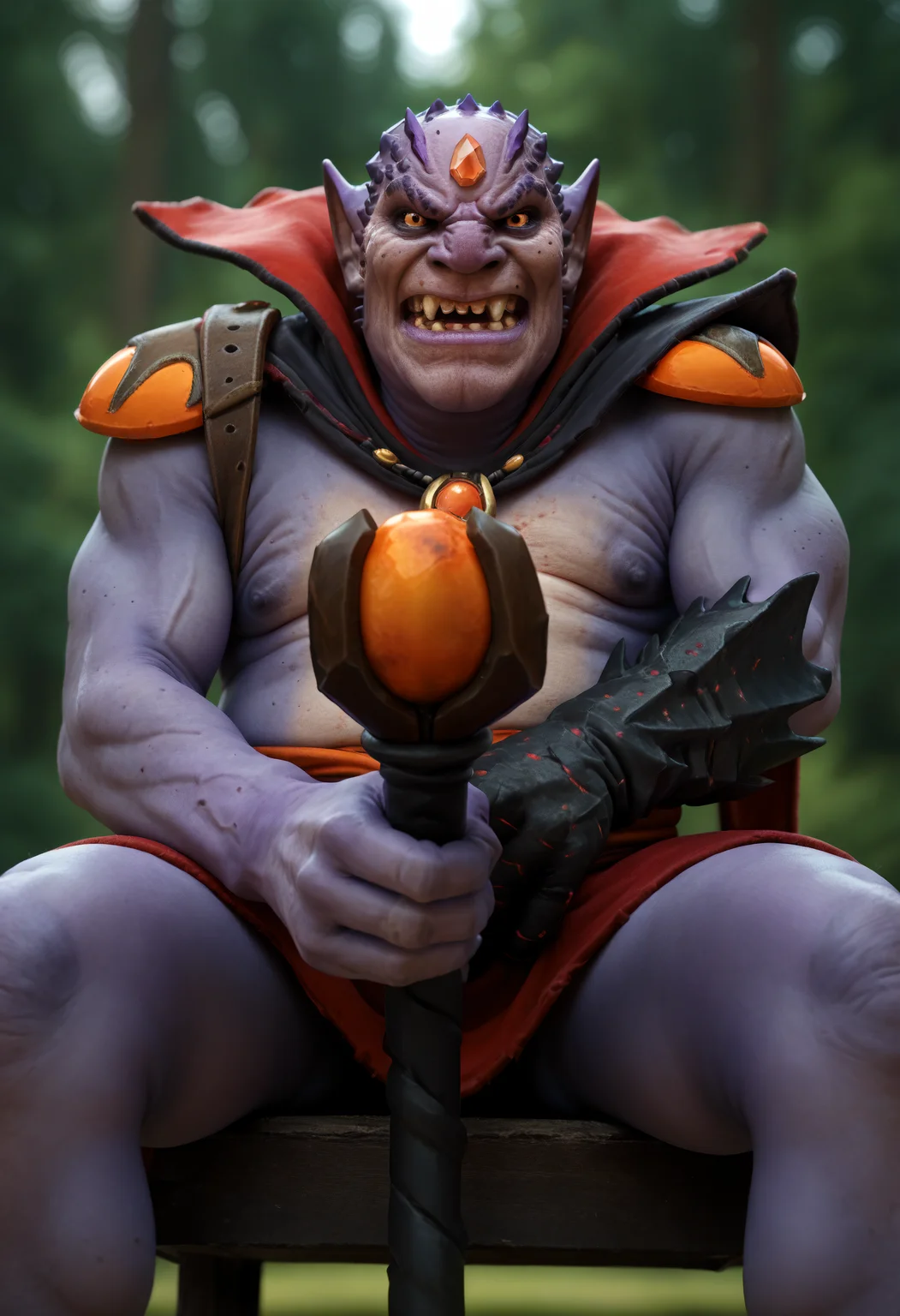 score_9, score_8_up, score_7_up, score_6_up, score_5_up, score_4_up, BREAK, ldwpdxl, 1boy, solo, cape, fangs, forehead jewel, shoulder armor, glove, male focus, colored skin, teeth, simple background, smirk, looking at viewer, angry, open mouth, colored sclera, looking at viewer, holding staff, staff, purple skin, orange eyes, wrinkles, crossing legs, blurred background, forest, sitting, (fat), from below, <lora:Lion_the_Demon_Witch_-_Dota_2:0.8>