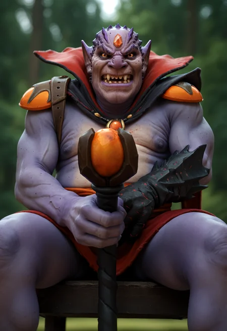 score_9, score_8_up, score_7_up, score_6_up, score_5_up, score_4_up, BREAK, ldwpdxl, 1boy, solo, cape, fangs, forehead jewel, shoulder armor, glove, male focus, colored skin, teeth, simple background, smirk, looking at viewer, angry, open mouth, colored sclera, looking at viewer, holding staff, staff, purple skin, orange eyes, wrinkles, crossing legs, blurred background, forest, sitting, (fat), from below, <lora:Lion_the_Demon_Witch_-_Dota_2:0.8>