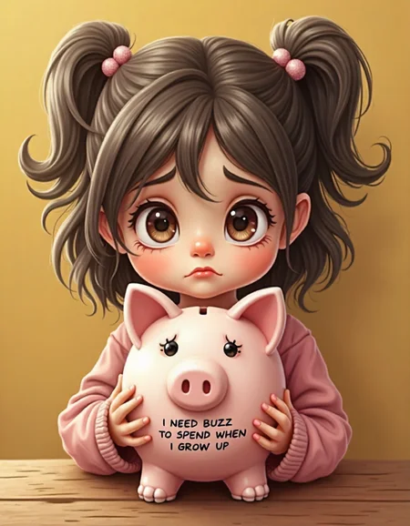 a little girl,with a tender face,and a sad look,with a piggy bank in his hand,on piggy bank is an inscription,child's handwriting "I NEED BUZZ TO SPEND WHEN I GROW UP",