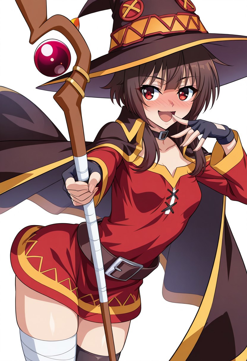 masterpiece, best quality, amazing quality, very aesthetic, absurdres, kagami_hirotaka, game_cg, BREAK 1girl, solo, megumin, short hair with long locks, brown hair, red eyes, small breasts, black hat, red dress, black cape, belt, single thighhigh, bandaged leg, holding staff, BREAK sideways glance, looking at viewer, blush, smile, open mouth, sexy pose, white background, dynamic angle,