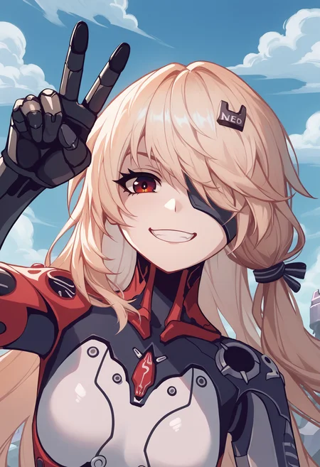 score_9, score_8_up, score_7_up, source_anime, NemesisTOFPony, Nemesis \(Tower of Fantasy\),  cybersuit, upper body, grin, hairclip, eyepatch, blue sky, cloudy sky, looking at viewer, peace sign, <lora:NemesisTOFPony:1>