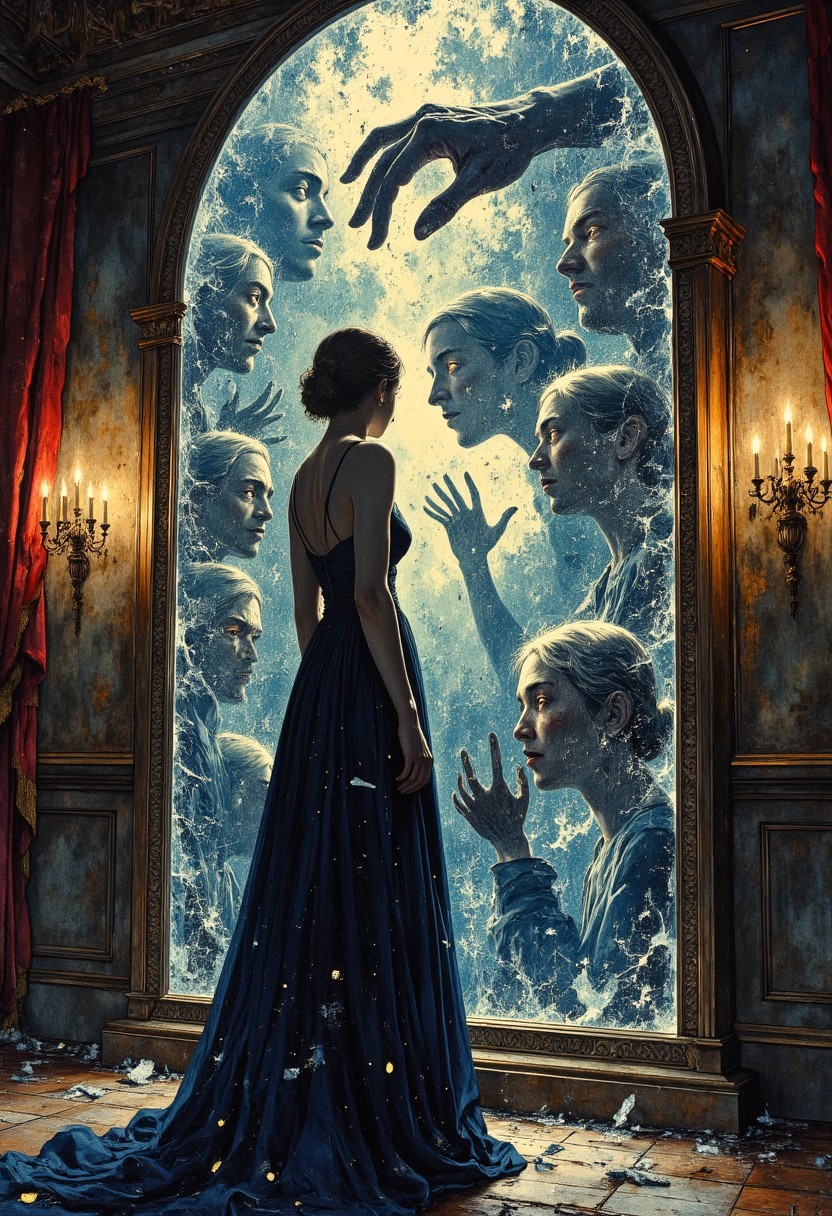 A woman in a flowing, midnight-blue dress stands before a colossal mirror, but the reflection does not match her movements. Cracks spiral across the glass like veins of frost, each fracture revealing a different version of her—some older, some younger, some with inhuman features like golden eyes or elongated fingers. The reflection of her hand, reaching out, breaks apart into floating shards, suspended in the air, each catching the dim candlelight in different hues. The room is an abandoned ballroom, dust motes swirling in the air, velvet curtains barely clinging to their frames. The glow of a single lantern casts flickering shadows that seem to move independently, whispering secrets from behind the veil of broken glass.
