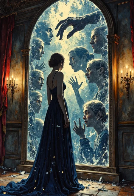 A woman in a flowing, midnight-blue dress stands before a colossal mirror, but the reflection does not match her movements. Cracks spiral across the glass like veins of frost, each fracture revealing a different version of her—some older, some younger, some with inhuman features like golden eyes or elongated fingers. The reflection of her hand, reaching out, breaks apart into floating shards, suspended in the air, each catching the dim candlelight in different hues. The room is an abandoned ballroom, dust motes swirling in the air, velvet curtains barely clinging to their frames. The glow of a single lantern casts flickering shadows that seem to move independently, whispering secrets from behind the veil of broken glass.