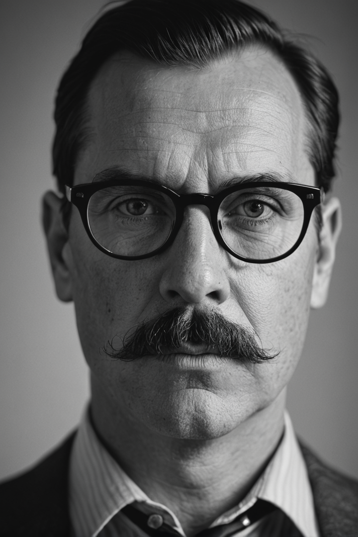 A close-up portrait of a man with moustache and glasses,looking serious into the camera. Black and white,high contrast,reminiscent of the cinematography of Freddie Young