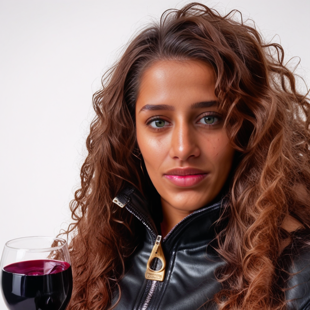 polipony_run, jewelry, belt, portrait, realistic, tan, simple background, zipper, wine, wavy hair, looking at viewer