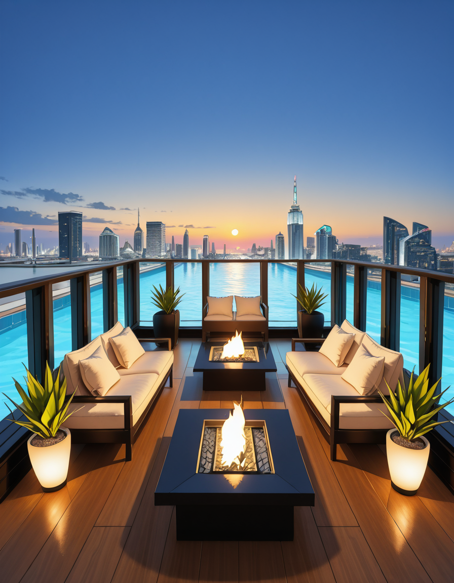 A breathtaking photo of a luxurious private rooftop at sunset, designed in a modern and elegant architectural style. The rooftop features a large infinity pool with crystal-clear water reflecting the warm golden hues of the sky. Surrounding the pool are plush, oversized lounge chairs with soft white cushions, neatly arranged under stylish wooden pergolas with flowing white curtains. In the background, a panoramic city skyline with shimmering skyscrapers stretches across the horizon. Ambient string lights hang delicately overhead, casting a soft, romantic glow. A chic outdoor bar with marble countertops is positioned on one side, decorated with fresh tropical plants and golden lanterns. The atmosphere feels serene and exclusive, with subtle reflections on the polished wooden floor. The lighting is a perfect mix of natural sunset tones and ambient soft white lights. The overall mood is peaceful, sophisticated, and inviting, ideal for an elite gathering or private escape.
<lora:SDXLFaeTastic2400:0.4> <lora:extremely_detailed:0.4> extremely detailed, <lora:luxurious_pr1v4t3_r00ft0p-i:1>,luxurious pr1v4t3 r00ft0p, Masterpiece,best quality,hi res,8k,hi res,8k,award winning,(sharp focus, intricate, highly detailed),