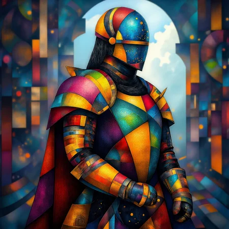 medieval knight wearing crystalline glass armor <lora:midjourney_whisper_chromaplex_v1:1.21>