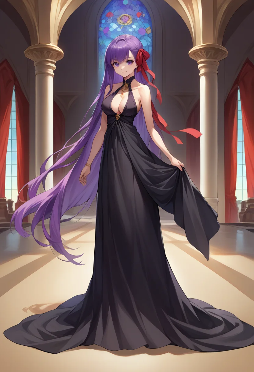 score_9, score_8_up, source_anime, 1girl, solo, BBFate, purple eyes, long hair, purple hair, hair ribbon, red ribbon, elegant, long dress, black dress, halterneck, smile, indoors, palace, jewelry, standing, <lora:CHAR-BBFatePonyXL:1>