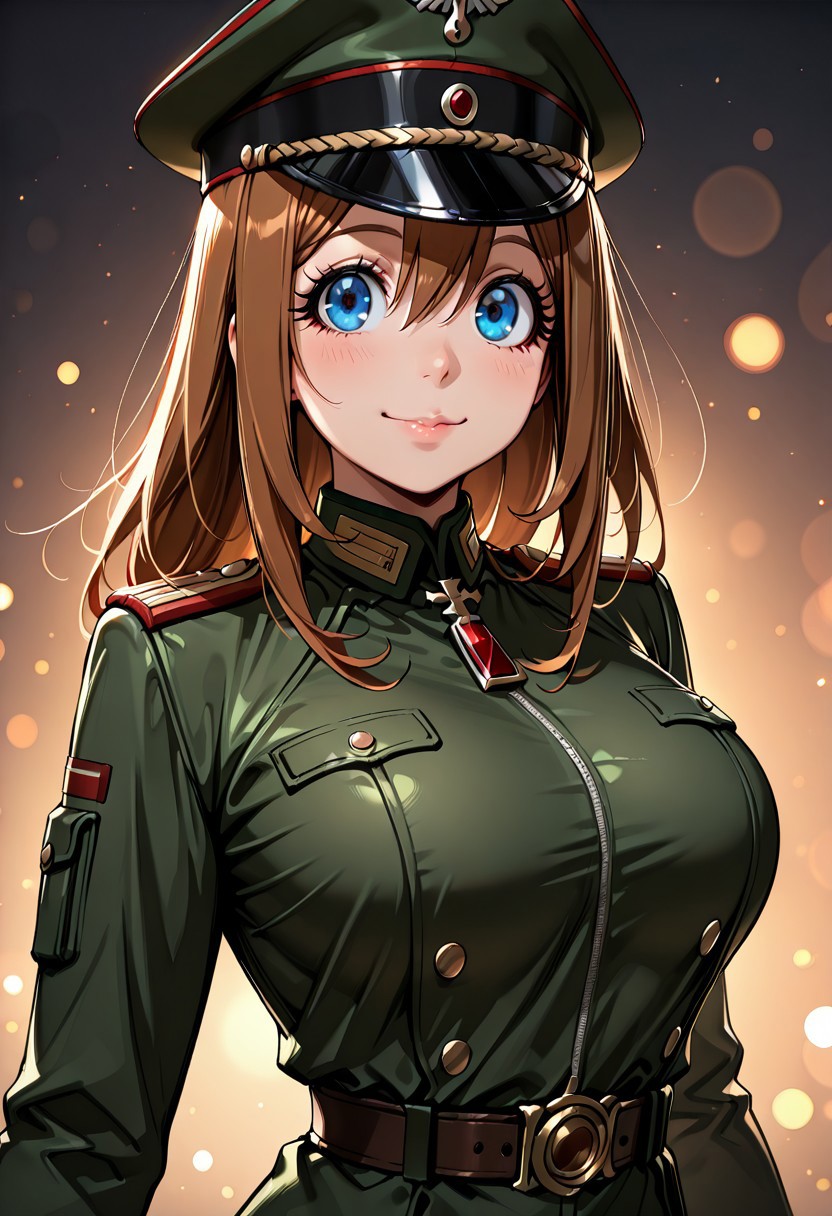 score_9, score_8_up, score_7_up, dynamic view, eye_focus, solo, looking_at_viewer, 1girl, 
masterpiece, best quality, bokeh, luminescent background,
( viktoriya ivanovna serebryakova, ,   brown hair, blue eyes, large breasts, long hair, hair between eyes, bangs, , brown belt,  long sleeves,   military jacket,  green military uniform, green military pants,   white gloves, peaked cap, black boots, )
portrait, happy
