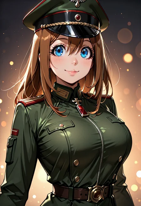 score_9, score_8_up, score_7_up, dynamic view, eye_focus, solo, looking_at_viewer, 1girl,
masterpiece, best quality, bokeh, luminescent background,
( viktoriya ivanovna serebryakova, , brown hair, blue eyes, large breasts, long hair, hair between eyes, bangs, , brown belt, long sleeves, military jacket, green military uniform, green military pants, white gloves, peaked cap, black boots, )
portrait, happy