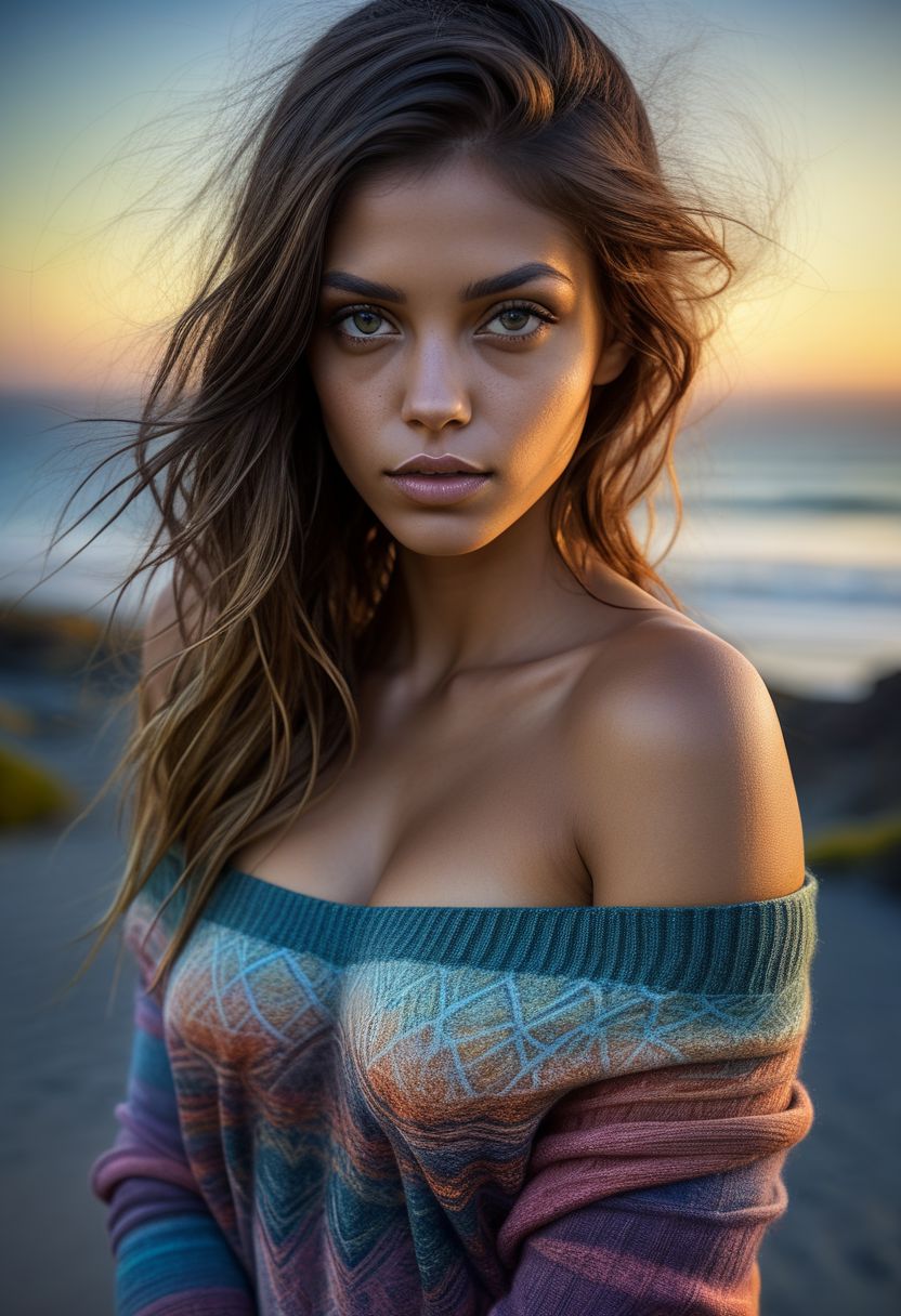mysterious native woman, a stunningly seductive stare, in off-shoulder sweater, fading backlit background, pastell colours, alluring goddess, by Minjae Lee, Carne Griffiths, Emily Kell, Steve McCurry, Geoffroy Thoorens, Aaron Horkey, Jordan Grimmer, Greg Rutkowski, amazing depth, double exposure, surreal, geometric patterns, intricately detailed, bokeh,  perfect balanced, deep fine borders, artistic photorealism , smooth,  great masterwork by Suiras  <lora:add-detail-xl:2>  <lora:Double_Exposure:0.5>
