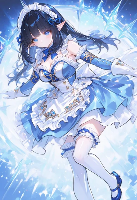best quality, masterpiece, anime, vivid colors,
KRMirianne, pointy ears, blue eyes, black hair, gloves, long hair, maid headdress, cleavage, white gloves, blue footwear, dress, white thighhighs, apron, frills, shoes, detached sleeves,
4ur4_illu, shiny, ma1ma1helmes_b_illu, sketch