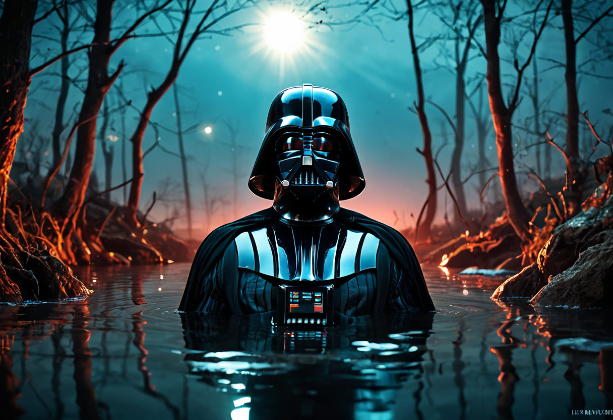 <lora:darth-vader-pxl:1> darth-vader-pxl, solo, darth vader, portrait, partially submerged, water, swamp, damaged, broken helmet, face focus, portrait, lens flare, blue theme, red theme, broken glass, dark, horror, walking on liquid, lens flare, tree, sunbeam,, score_9, score_8_up, score_7_up, score_6_up, score_5_up, score_4_up, Cinematic portrait photography, capture subject in a way that resembles a still frame from a movie, cinematic lighting, story, narrative quality, drawing viewers into the scene and evoking a sense of cinematic immersion, capturing emotion, professional, engaging, compelling composition, night photography, nocturnal beauty, city lights, starry skies, celestial wonders, moonlit landscapes, urban glow, capturing the essence of darkness, ethereal atmosphere, dramatic shadows, magical ambiance, long exposure techniques, expert use of light sources, reflection photography, mirror-like surfaces, symmetry, visual echoes, capturing dual realities, distorted perspectives, ethereal beauty, introspective imagery, mesmerizing patterns, reflecting mood and emotion, creating visual depth, playing with perception