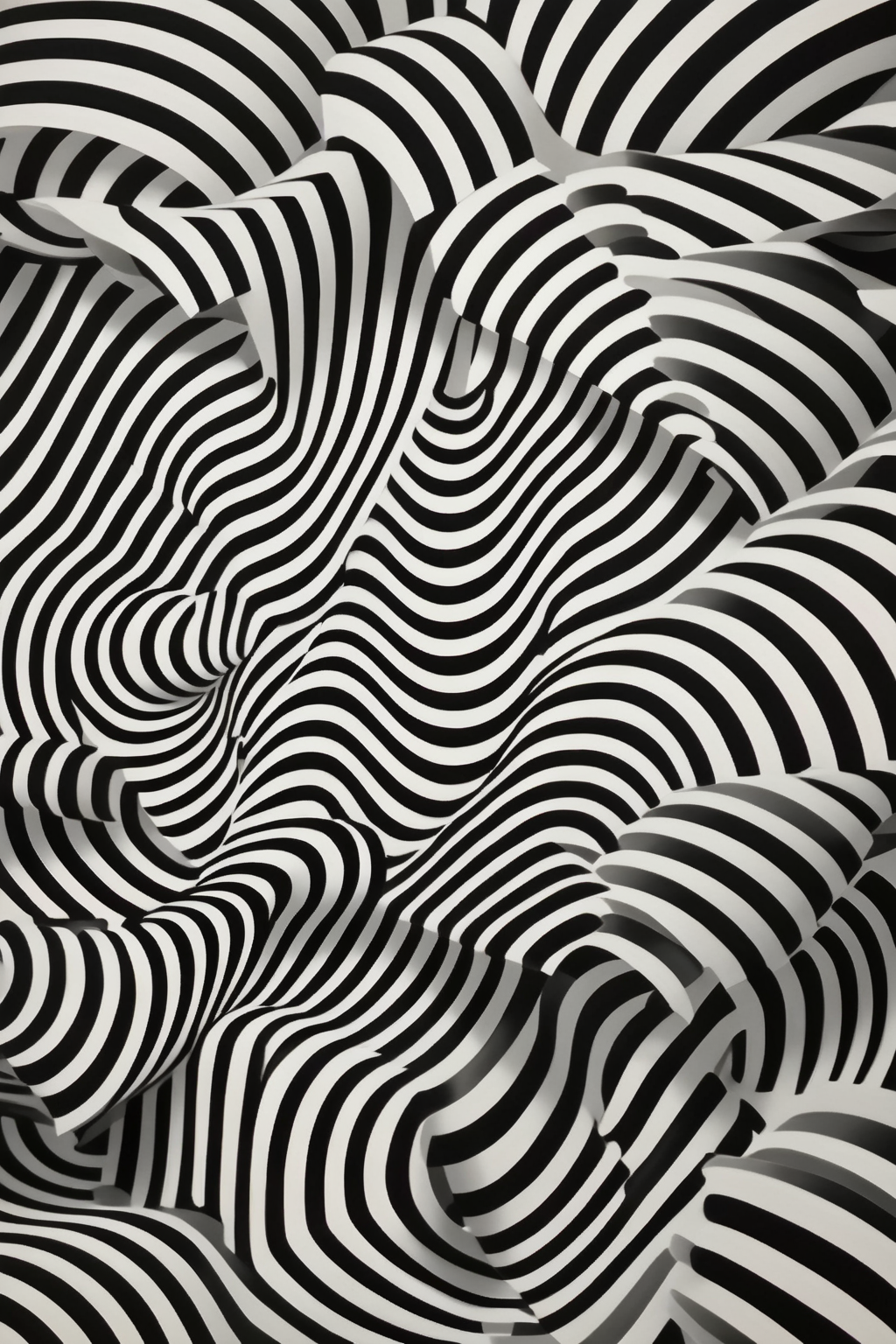 <lora:Op Art:1>Op Art - ((in the style of Bridget Riley)) A hypnotic op art wallpaper with interlocking black and white geometric shapes, creating an illusion of movement and depth, as if the wall is folding and curving in on itself. The edges of the shapes are slightly blurred, giving the impression of a neon glow. The textures of the shapes vary, with some appearing matte and others glossy.