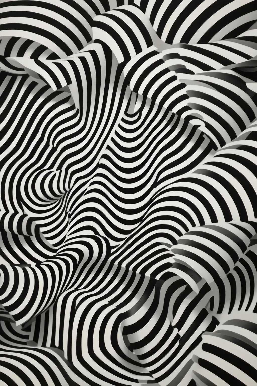 <lora:Op Art:1>Op Art - ((in the style of Bridget Riley)) A hypnotic op art wallpaper with interlocking black and white geometric shapes, creating an illusion of movement and depth, as if the wall is folding and curving in on itself. The edges of the shapes are slightly blurred, giving the impression of a neon glow. The textures of the shapes vary, with some appearing matte and others glossy.