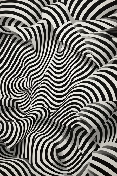 <lora:Op Art:1>Op Art - ((in the style of Bridget Riley)) A hypnotic op art wallpaper with interlocking black and white geometric shapes, creating an illusion of movement and depth, as if the wall is folding and curving in on itself. The edges of the shapes are slightly blurred, giving the impression of a neon glow. The textures of the shapes vary, with some appearing matte and others glossy.