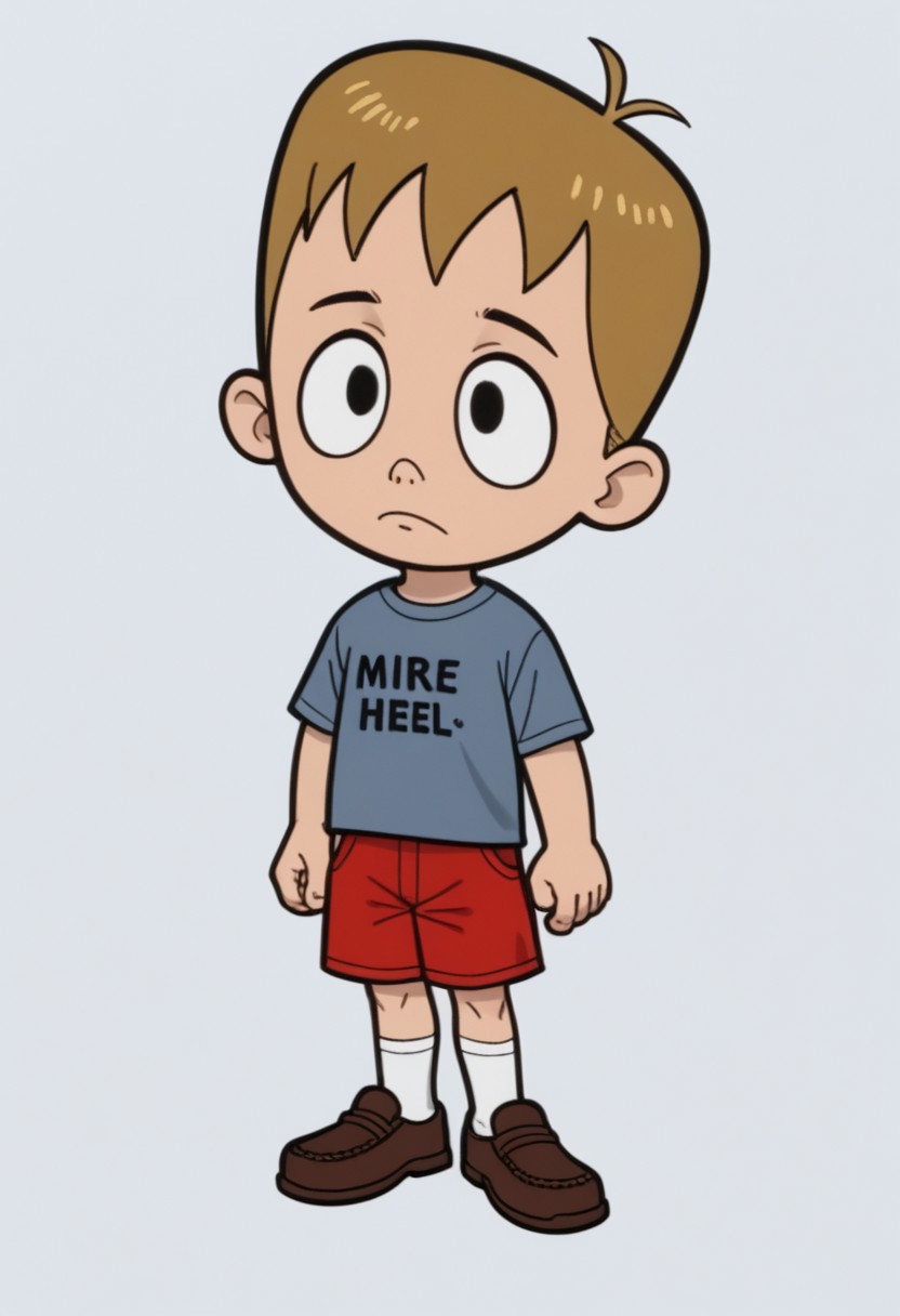 Solo, one character, 
1boy, MikeBelieve, small body, large round head, dark blonde hair, black eyes, point nose, gray-blue shirt with an O, red shorts, white socks, brown shoes