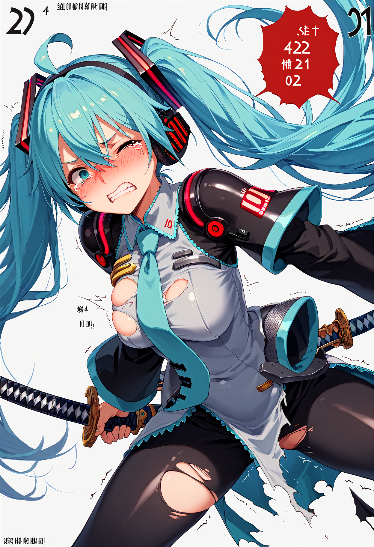 score_9, score_8_up, score_7_up, score_6_up, score_5_up, score_4_up, 
<lora:QB_Battle_V1:0.95>1 girl, (cowboy shot) , simple background, white background, Number TEXT, Chines, Chinese text, Japanese text,
(defeat, wince, incoming attack, 
   number Text, (red speech bubble), trembling, focus line, vibrating line, comic expression, 
   (tearing clothes:1.5), (torn clothes:1.5), malfunction clothes, clothing cutout, 
   embarrassed, nose blush, blush, tears, 
   Half closed eyes , 
   clenched teeth , 
   spread legs, 
  )
, 
from below,, looking down,, Face,,
Armor, shoulder pads, shoulder shields,
Large katana, Huge nodachi, axe , sword , 
mikuhatsune,miku hatsune, ahoge, aqua eyes, aqua hair, crossed bangs, hair between eyes, hair ornament, headphones, long hair, twintails, mature female,