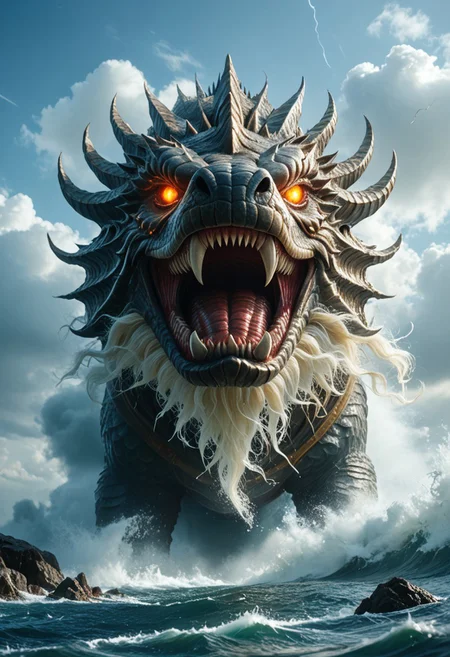 The Leviathan, a colossal sea creature of divine terror and majesty, rises from the abyss, its scaly, armored body glistening under a storm-ridden sky. Towering waves crash against its massive form as its serpentine body coils and twists, partially submerged in the churning ocean. Its gargantuan jaws, lined with jagged, glistening fangs, part to release an ear-shattering roar that shakes the heavens.
Lightning illuminates the creature’s burning eyes, glowing with an unnatural, almost celestial fire. Its ridged back, covered in impenetrable plates, pierces through the water like jagged mountains, while its long, barbed tail lashes with the force of a tidal wave, scattering ships like driftwood.
The surrounding sea is in chaos—wreckage of vessels old and new float aimlessly, remnants of past encounters with the unkillable beast. In the distance, horrified sailors cling to their shattered ships, whispering prayers as the living nightmare moves with deliberate, unstoppable force.
A being of both divine wrath and enigmatic purpose, the Leviathan is no mere monster—it is a harbinger, a force beyond human understanding, its existence woven into the fabric of creation itself.
Ultra-detailed, cinematic lighting, biblical mythological horror, epic oceanic destruction, dark and moody composition