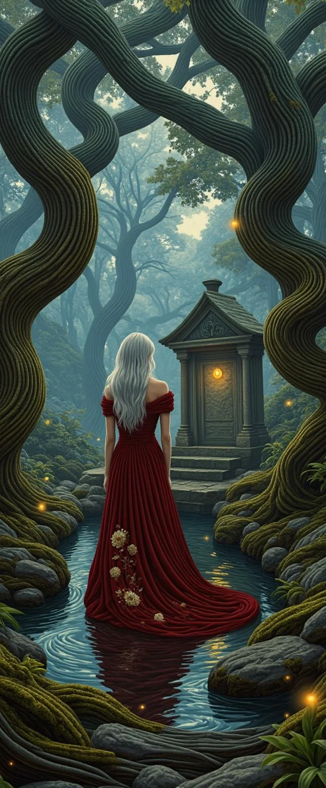 <lora:nule-flux-lora-E4.safetensors:1> nule style
In the twilight of an enchanted forest, a silver-haired woman stands amidst a grove of ancient, gnarled trees. Her long hair, a shimmering cascade of silver, flows down her back, catching the gentle light that filters through the mist. She wears an off-the-shoulder, vintage-style gown of deep burgundy, adorned with intricate floral embroidery that seems to pulse with life. The gown clings to her form, accentuating her elegant grace and the air of mystique that surrounds her.
The forest is cloaked in a veil of mist, creating a surreal, almost otherworldly atmosphere. The air is filled with the gentle rustling of leaves and the distant calls of mysterious creatures. The path through the forest is lined with ancient trees whose branches are adorned with luminous, bioluminescent fungi that glow softly, casting a gentle, ethereal light.
At the heart of the grove stands a weathered stone altar, covered in moss and lichen. The altar is surrounded by a small, shimmering pond that reflects the moonlight, creating a mirror-like surface that seems to hold the secrets of the past. Floating fireflies, delicate and ephemeral, guide the way, their tiny lights dancing through the air like whispers of the forest.
The woman, a vision of timeless beauty, stands by the pond, her eyes reflecting the moon's silvery glow. The interplay of light and shadow around her creates a dreamy, romantic atmosphere, where the forest itself seems to whisper secrets of the unknown.