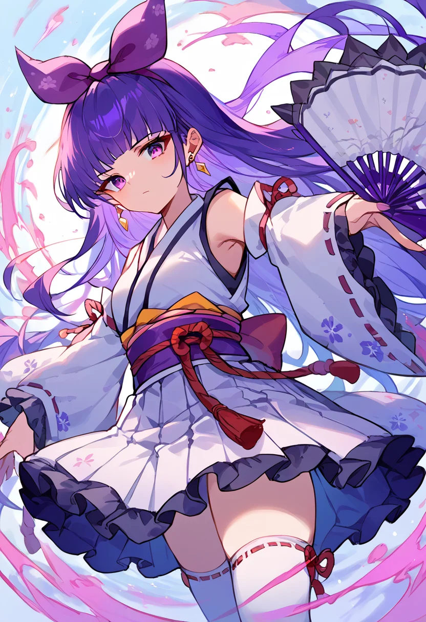 score_9,score_8_up,score_7_up,source_anime,zPDXL3,
*//*,<lora:KannaSakuno_Pony:1>,ayanokouji_kanna,1girl,solo,purple hair,long hair,blunt bangs,hairband,bow,purple eyes,thighhighs,japanese clothes,skirt,obi,ribbon trim,detached sleeves,ribbon-trimmed legwear,earrings,kimono,sash,white kimono,wide sleeves,magic circle,pleated skirt,ribbon-trimmed sleeves,hand fan,holding fan,
*//*,looking at viewer,cowboy shot,dutch angle,dynamic pose,