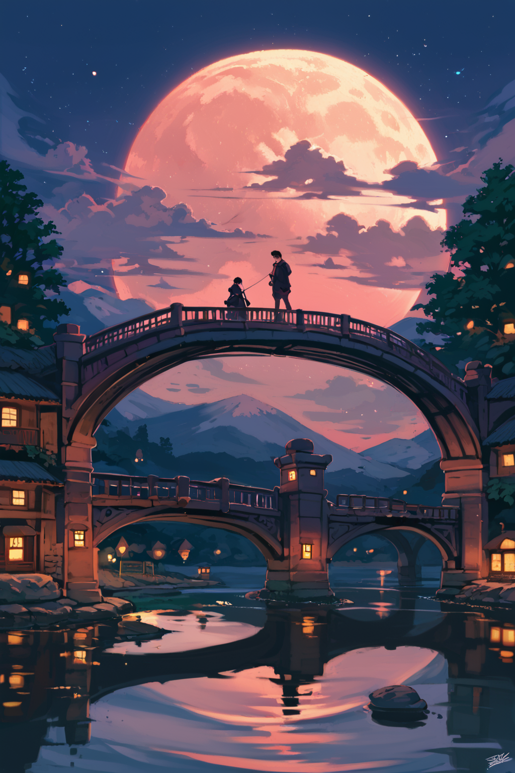 PDXL, source_anime,  <lora:SaishoV1:1>, s4ish0, 
river, large bridge, night, night sky, moon, 
volumetric reflections, volumetric shadows, HDR, shot on Canon DSLR