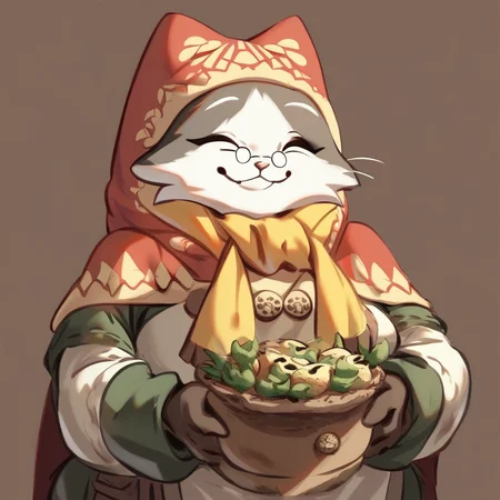 score_8,score_7,source_furry,grammeowster_chef, 1girl, :3, brown background, capelet, closed eyes, furry, furry male, glasses, gloves, holding, hood, male focus, pince-nez, round eyewear, simple background, smile, solo