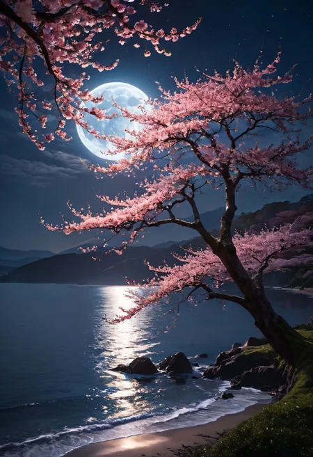 "Moonlit Blossom Embrace" is a breathtaking 8k ultrarealistic digital artwork that transports the viewer to a serene Japanese nightscape. The scene unfolds with a stunning display of blooming cherry blossoms, their delicate petals fluttering gently in the moonlit breeze. The style is reminiscent of Paul Ranson, with a modern twist that captures the vibrant spirit of the 1970s. The velvet black of the night sky is pierced by a huge, radiant moon, casting a soft, ethereal glow over the landscape lens flare style.
The glowing fluorescent houses that line the distant shore are adorned with warm, inviting lights, creating a stark contrast against the velvety darkness. The ocean waves roll in, a glowing fluorescent crystal blue, the water's surface shimmering with the vibrant hues of the moon's reflection. The cherry blossom trees stretch along the shoreline, their branches a delicate dance of shadows and light. The moon's beams play upon the glowing water, creating a path of liquid silver that leads the eye to the horizon.