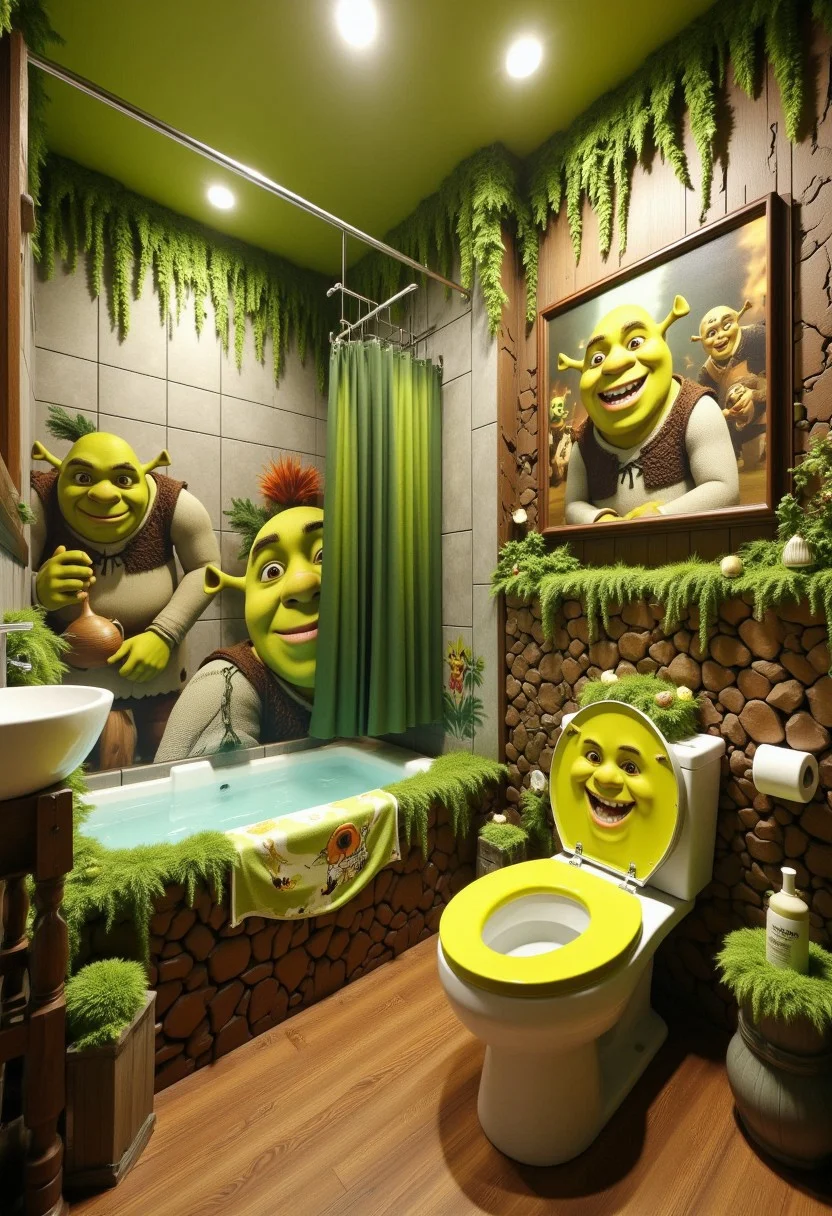 Photograph of a Swamp/Shrek themed bathroom, with green and brown details, onion shaped bathtub, and Shrek toilet.