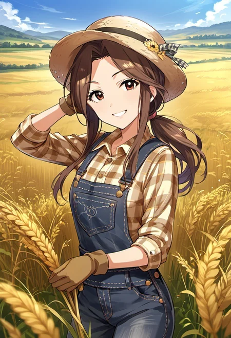 score_9, score_8_up, score_7_up, source_anime, komuro chinami, long hair, brown hair, brown eyes, 1girl, gloves, solo, hat, overalls, field, low ponytail, day, ponytail, outdoors, smile, plaid