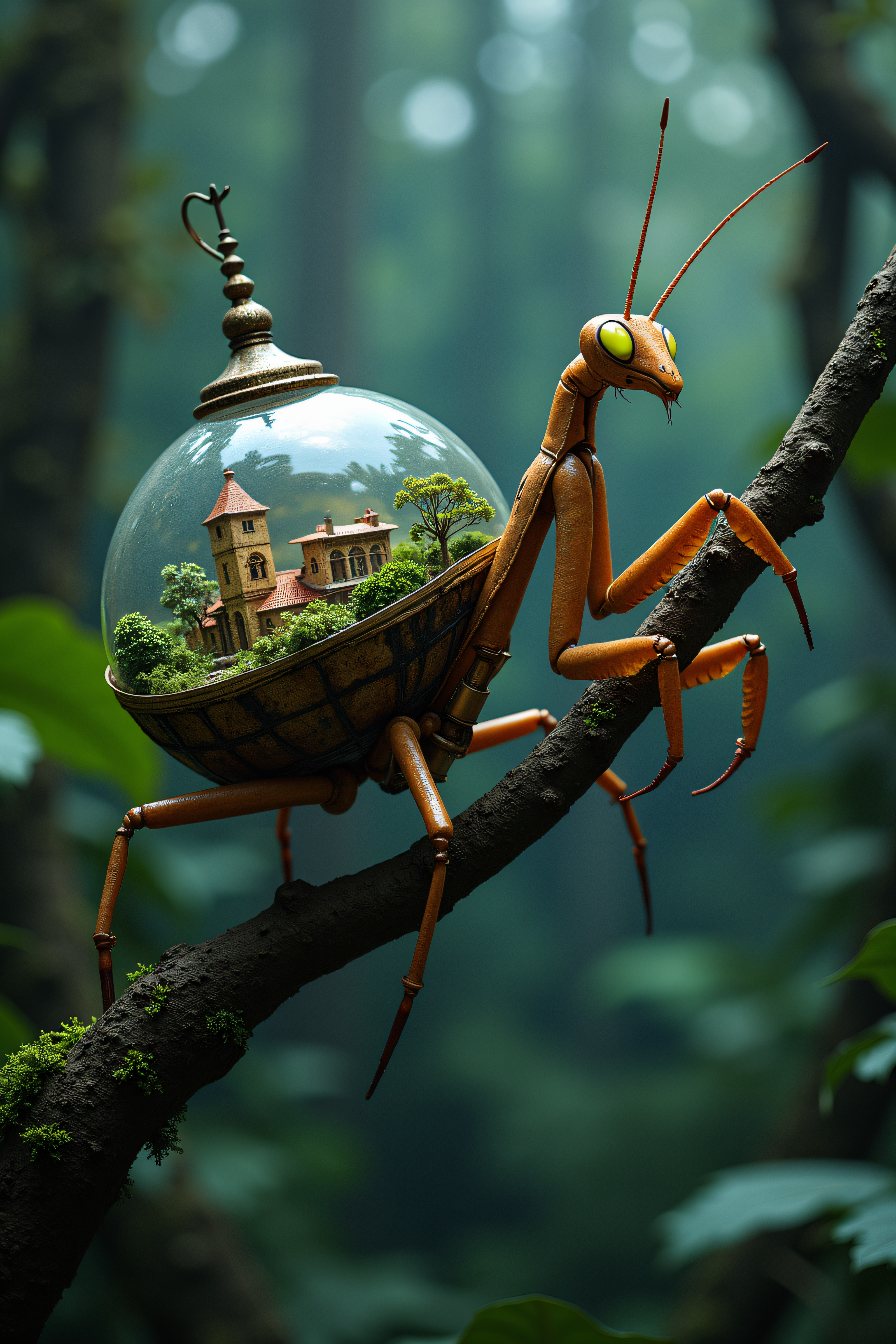 national geographic under earth photography of an mantis that hanging on the tree in the night jungle, he transport a glass terrarium with a miniture city on his back, realistic, mechanical vegetal cyborg, futuristic robot organisms, steampunk robot mantis, steampunk animal
