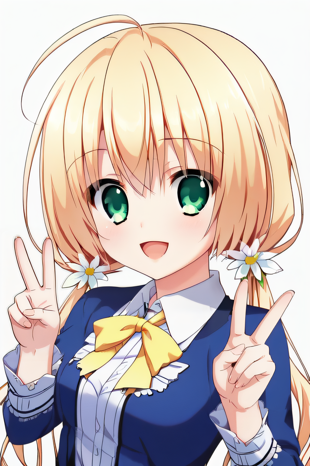 score_9, score_8_up, score_7_up, source_anime, rating_safe, intricate details, anime screencap, official style, 1girl, solo, <lora:Minahara_Himari:1>, minaharahimari, blonde hair, green eyes, hair_flower, low twintails, long sleeves, blue dress, collared dress, white chest, yellow ribbon, smile, indoor, looking at viewer, simple background, peace sign, hands up, open mouth, upper body