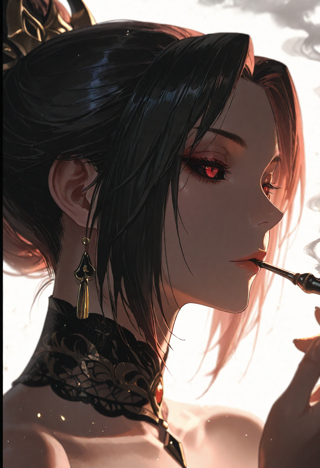 1girl, Hei Yanyu, black sclera, red eyes, border,expressionless,flower,hand up,holding,holding smoking pipe,hyur,kiseru,lace collar,portrait,smoke,smoking,smoking pipe,solo, white background,
(Smooth Quality - Illustrious:0.8), masterpiece,best quality,amazing quality, absurdres, (impressionism), ultra-HD, 8k, fit body, highest quality, volumetric lighting, (cinematic composition:1.3), (sharp focus:1.2), (depth of field:1.2), (adult), wide eyes, (mature female:1.2), very aesthetic, smooth image, action lines, motion lines, motion blur, (detailed face and eyes:1.3),
<lora:illustrious_quality_modifiers_masterpieces_v1:0.6>  <lora:ponyv4_noob1_2_adamW:0.4> <lora:FINALE:0.4>  <lora:I_Am_The_Fated_Villain:0.6> <lora:g0thicILL:0.4> <lora:USNR STYLE_XL_loha:0.3>