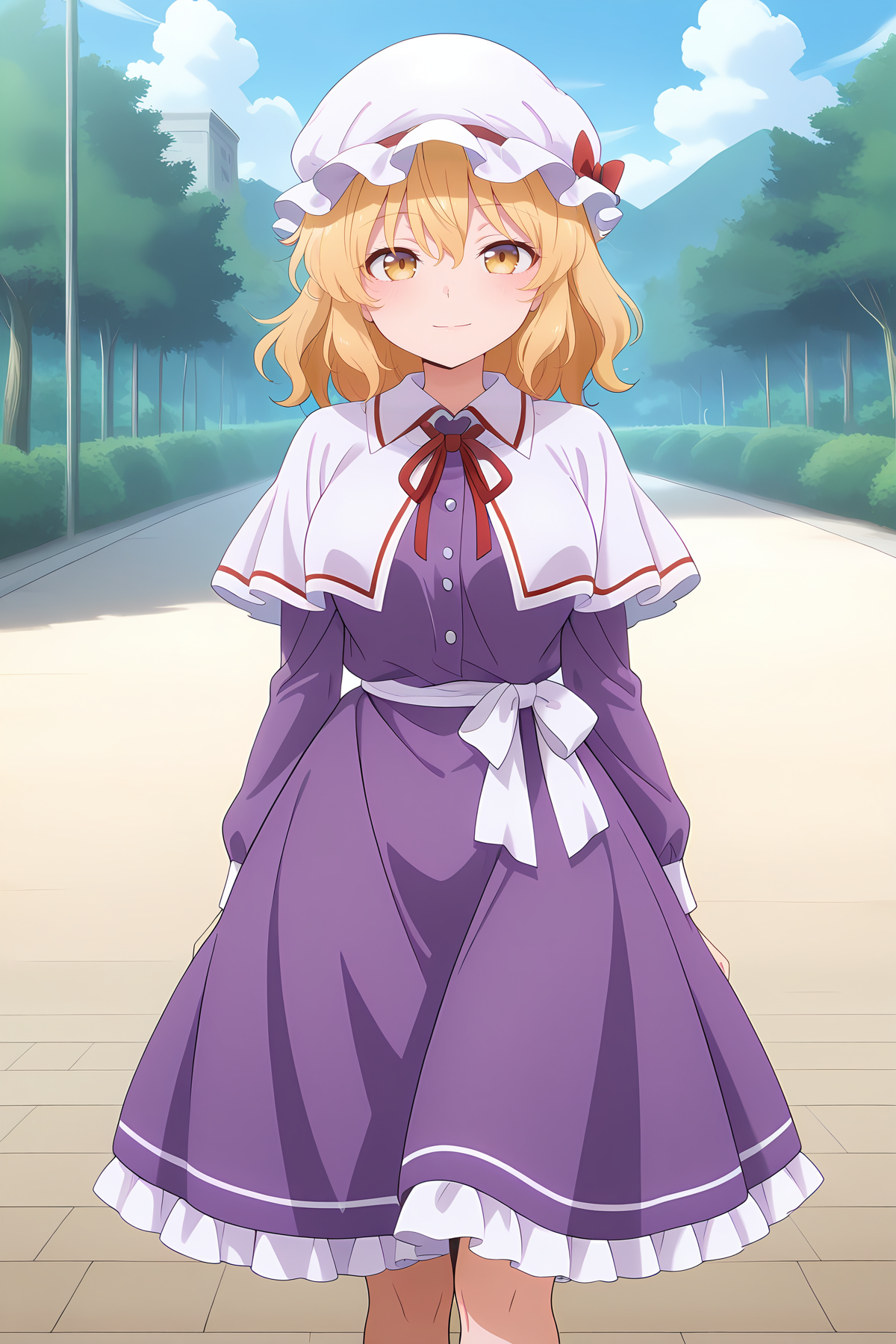 absurdres, highres, masterpiece, best quality, amazing quality, official anime artwork, screencap, anime screencap, outdoors, light smile, looking at viewer, 
 <lora:Maribel-Hearn_Illustrious:1> maribel hearn, 1girl, solo, yellow eyes, blonde hair, medium hair,, white mob cap, red hat ribbon, purple dress, long sleeves, frilled skirt, white capelet,