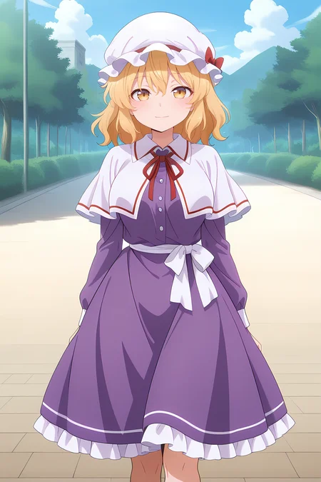 absurdres, highres, masterpiece, best quality, amazing quality, official anime artwork, screencap, anime screencap, outdoors, light smile, looking at viewer, 
 <lora:Maribel-Hearn_Illustrious:1> maribel hearn, 1girl, solo, yellow eyes, blonde hair, medium hair,, white mob cap, red hat ribbon, purple dress, long sleeves, frilled skirt, white capelet,