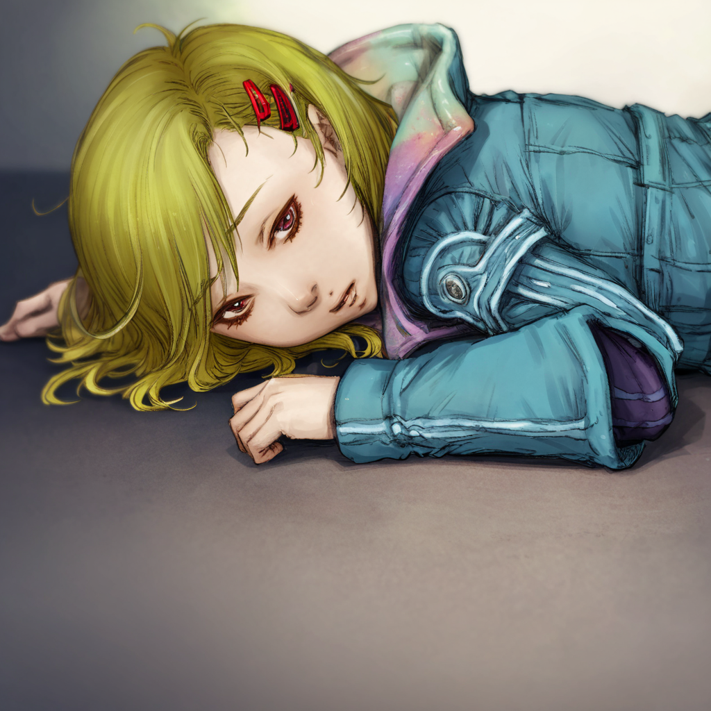 best quality, masterpiece, netsu, blonde hair, short hair, hair ornament, hairclip, jacket, lying down, looking at viewer