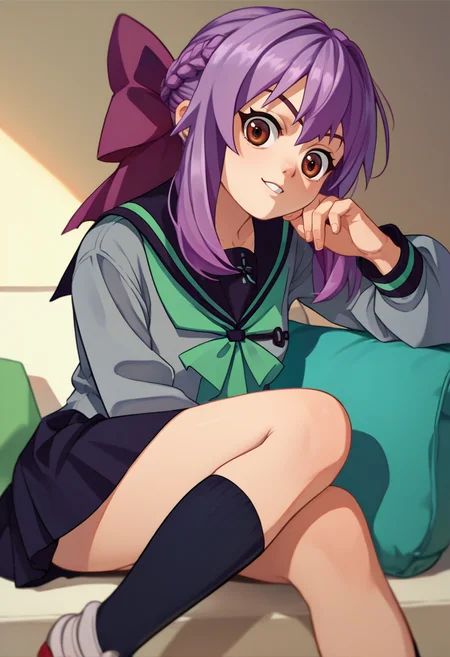 score_9, score_8_up, score_7_up, source_anime, ShinoaSchool, purple hair, brown eyes, braided hair, purple hair bow, grey serafuku, green necktie, black socks, black skirt, <lora:ShinoaXL1-000010:1>